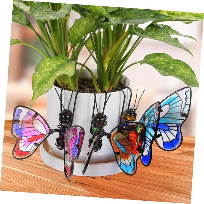 HANABASS 3Pcs Stained Glass Butterfly Plant Pot Hugger Decor - Metal Hanging Flower Planter Ornaments - Outdoor Garden Figurine Art for Potted Plants & Herbs