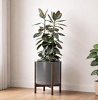 D'vine Dev Ceramic Planter with Walnut Color Stand - 14 Inch Modern Round Flower Pot with Wood Planter Holder, Grey, 55-B-T-3
