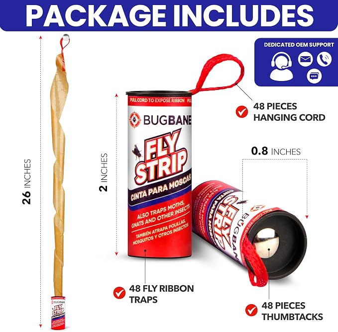 Fly Strips Indoor Sticky Hanging 48pk with Pins. Non Toxic Outdoor Fly Trap Indoor for Home. Flies Tape Paper Trap Ribbon Roll for House Gnat Fruit and Housefly. Bug Catchers for Inside Home Flypaper.