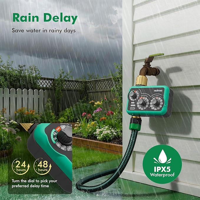 RESTMO 3-Dial Analog Sprinkler Timer with Brass Inlet & Outlet, Mechnical Water Timer for Garden Hose with Manual/Rain Delay, Automatic Drip Irrigation System, 480 Minutes Max Watering, Easy to Set Up