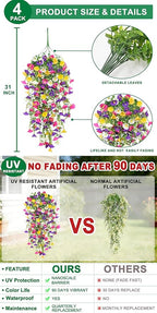 4PCS Artificial Hanging Flowers for Outdoors Summer Decoration, Fake Hanging Plants Faux Petunias with Eucalyptus, UV Resistant No Fade Plastic Realistic Silk Flowers for Porch Patio Balcony Indoor