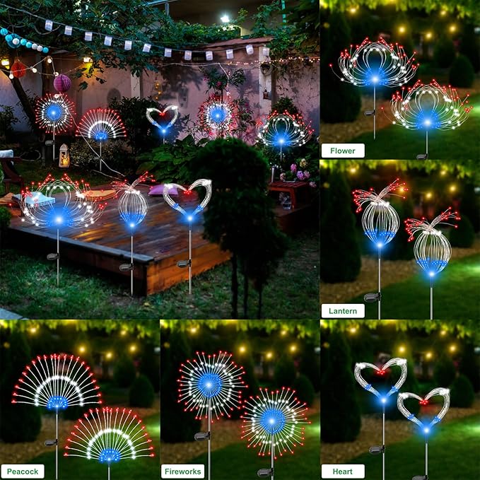 Slyuexu Solar Garden Lights Outdoor Waterproof, 2 Pack 120 LED Solar Firework Lights Decorative Garden Décor Outside for Flowerbed Pathway Party Christmas Decoration, Multicolor