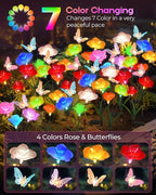 Solar Garden Lights Outdoor Waterproof 4 Pack Swaying Butterfly Light with 7- Color Changing Rose Flowers Solar Lights for Outside Garden Decor Lawn Yard Patio Path,Gifts for Women Mother's Day
