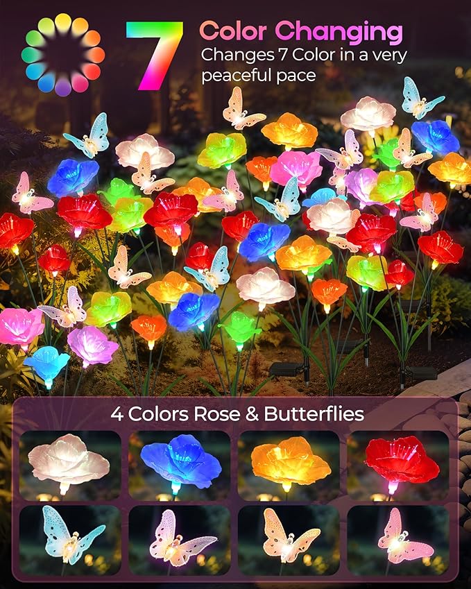 Solar Garden Lights Outdoor Waterproof 4 Pack Swaying Butterfly Light with 7- Color Changing Rose Flowers Solar Lights for Outside Garden Decor Lawn Yard Patio Path,Gifts for Women Mother's Day