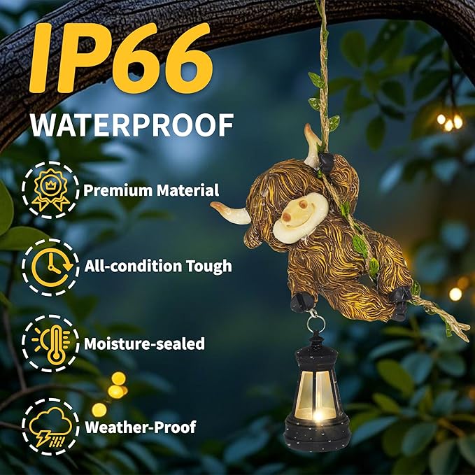 Hanging Highland Cow Decor: Garden Cow Statues with Solar Lantern Tree Decorations for Outdoor Yard Lawn Patio Porch Ideal Gardening Gifts for Mom Grandma Women