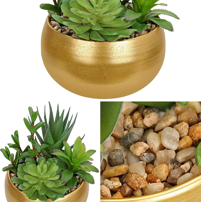 Hollyone Fake Plants Artificial Succulents in Pots Faux Succulent Arrangement Potted Plant with Gold Ceramic Planter Bowl for Home Decor Office Desk Bathroom Shelf Living Room Indoor Decorations