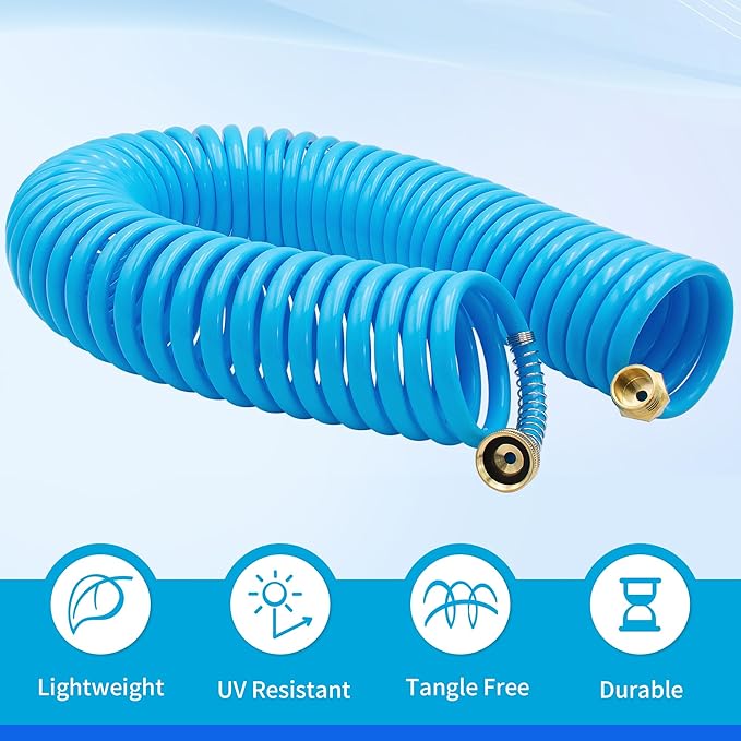 AUTOMAN Coil Garden Hose 50 ft, EVA Curly Water Hose with Brass Connectors, Recoil Garden Water Hose,Includes 7-Pattern Function Sprayer,Retractable,Corrosion Resistant Garden Coil Hose.