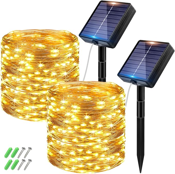 btfarm 2 Pack Solar String Lights Outdoor - Total 66FT 200LED Solar Fairy Lights Outside Waterproof 8 Modes, Copper Wire Solar Powered Twinkle Light for Garden Tree Christmas Wedding Party,Warm White