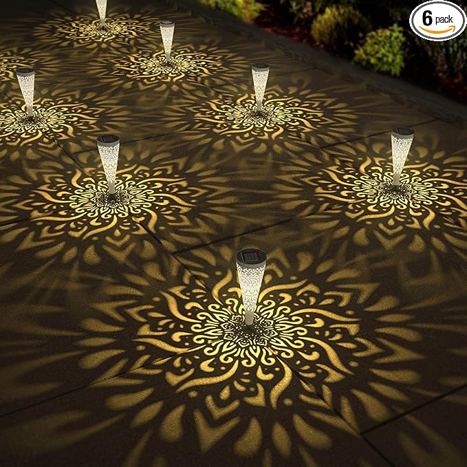 gardencave 6 Pack Solar Lights Outdoor Garden Decorative Mandala Solar Garden Lights with Warm Light Waterproof Solar Pathway Landscape Light for Path Patio Backyard Walkway Yard Decor (White)
