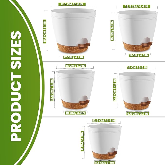 Utopia Home Self Watering Pots for Indoor Plants, Planters for Indoor Plants, Multi-Size Flowerpot, Set of 5 Plant Pots with Drainage & Reservoir, 6.8"/6.4"/5.9"/5.5"/4.9" (White)