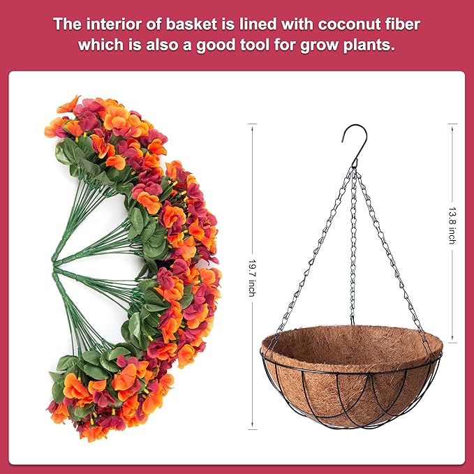 INXUGAO Artificial Hanging Flowers with Basket for Outdoor, Fake Hydrangea UV Resistant Arrangements in Pot Planter Spring Summer Decor for Indoor Porch Garden Yard(Orange Brown)
