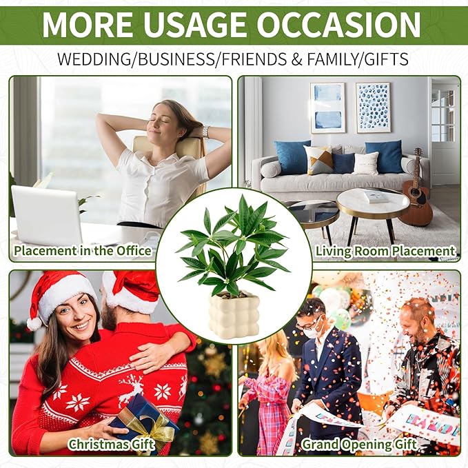 Small Money Tree Bonsai 10 inch Artificial Desk Plant in White Ceramic Pot, Realistic Indoor Faux Potted Pachira Money Plant for Home Office Living Room Decor(Maintenance Free)