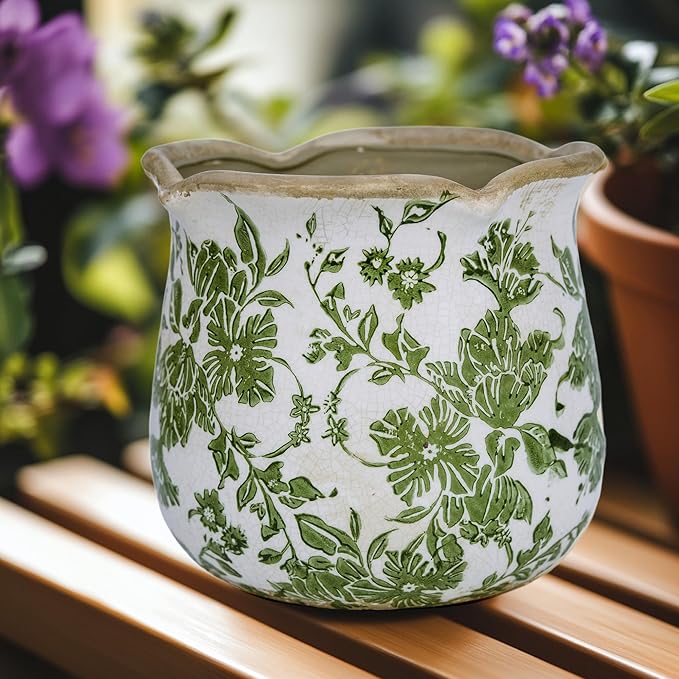 Dosayes Rustic Ceramic Planter, 6 Inch Tuscan Vintage Flower Pot with Drainage, Farmhouse Garden Pot for Indoor Plants, Kitchen & Garden Tuscan Decor, Plant Lover Gift (Green)