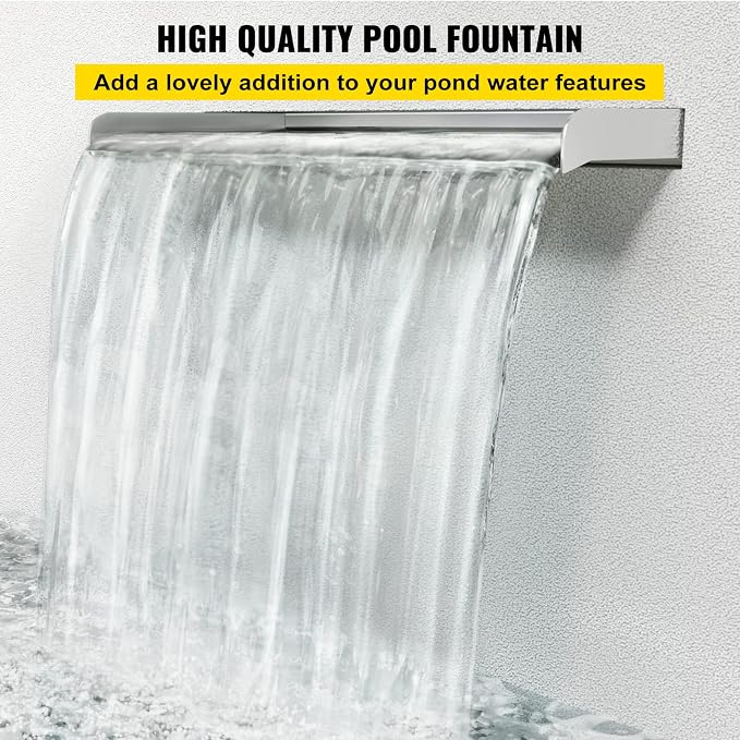 VEVOR Pool Fountain Stainless Steel Pool Waterfall 23.6" x 4.5" x 3.1"(W x D x H) Waterfall Spillway with Pipe Connector Rectangular Garden Outdoor, Silver