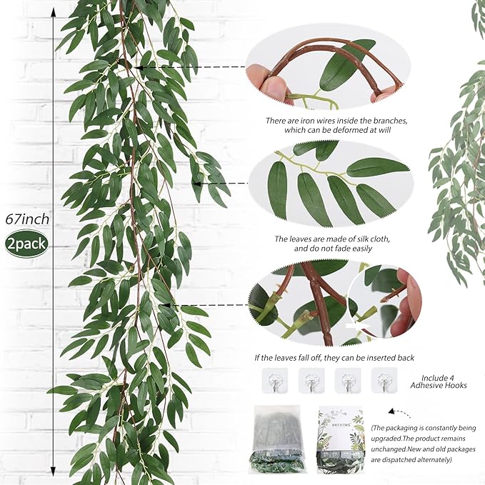RECUTMS Artificial Willow Leaves Vine Twigs 2Pcs 5.7Ft Fake Hanging Ivy Plants Silk Green Leaf Rattan Garland Greenery Decor for Indoor Outdoor Home Wedding Arch Jungle Beach Birthday Party Garden