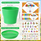 Domensi 30 Pack Garden Pot Craft Kit 4 Inch DIY Spring Crafts for Kids Bulk Plastic Flower Plant Pot Plastic Planter with Tray Drainage Holes with Tag, Certificate of Award, Sticker (Multicolor)