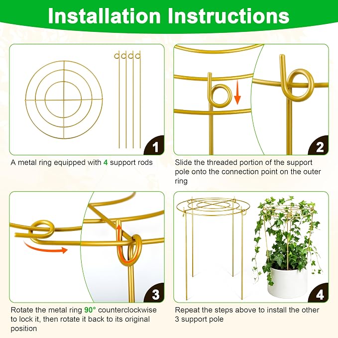 6 Pack Peony Cages and Supports, 12'' x 20'' Metal Removable Grid Flower Support Cage Set, 4-Leg Outdoor Plant Stake for Garden Peonies Tomato Hydrangea Strawberry (Gold)