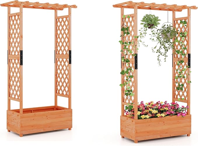 LDAILY Raised Garden Bed with Trellis, Above Ground Garden Bed with Hanging Roof, Side Trellis, & 4 Drainage Holes, Planter Box for Outdoor Climbing Plants Vines Flowers (2, 43.5"L x 17.5"W x 72"H)