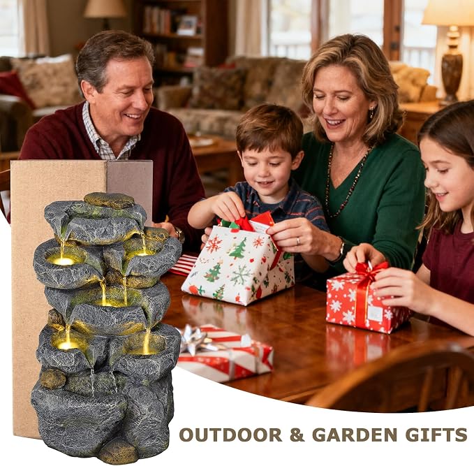 5 Tiered Solar Powered Water Fountain, Solar Water Fountain Outdoor Garden Cascading Rock Water Fall Fountains Outside with Lights for Backyard, Patio, Deck, Porch, 24" H x 13.39" L x 9.6" W