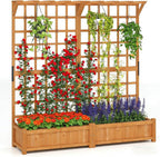 COSTWAY 71” Large Wooden Raised Garden Bed with Trellis and Hanging Roof, 2 Planter Boxes, 4 Drainage Holes, Removable Bottom Plate for Climbing Plants, Flowers, Outdoor Balcony Planter
