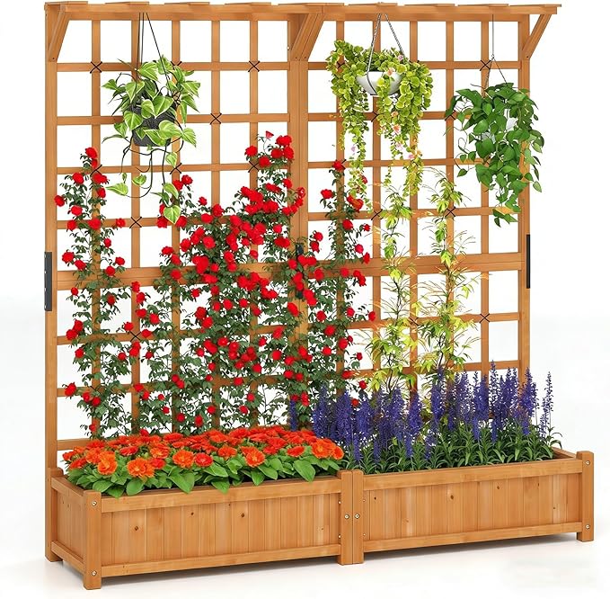 COSTWAY 71” Large Wooden Raised Garden Bed with Trellis and Hanging Roof, 2 Planter Boxes, 4 Drainage Holes, Removable Bottom Plate for Climbing Plants, Flowers, Outdoor Balcony Planter