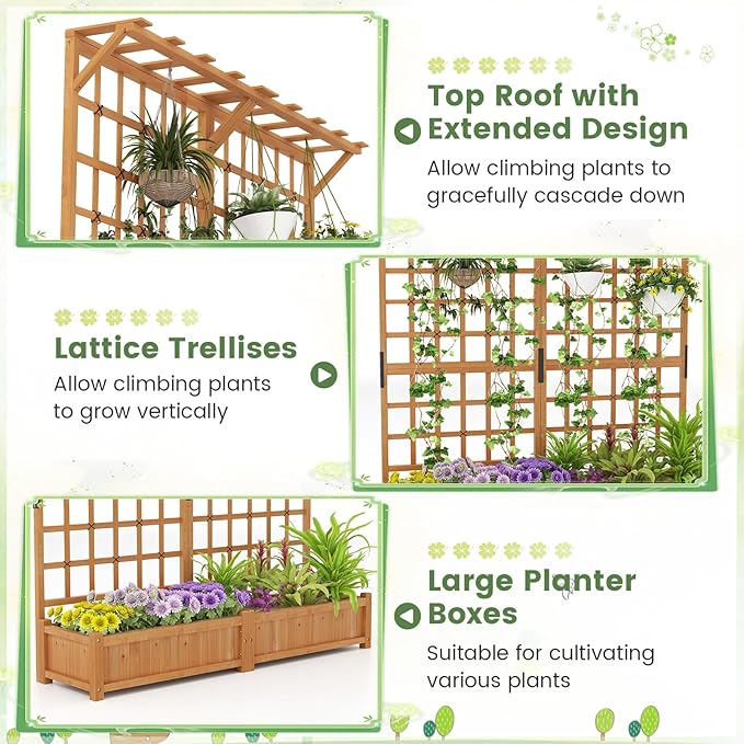 COSTWAY 71” Large Wooden Raised Garden Bed with Trellis and Hanging Roof, 2 Planter Boxes, 4 Drainage Holes, Removable Bottom Plate for Climbing Plants, Flowers, Outdoor Balcony Planter