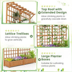 COSTWAY 71” Large Wooden Raised Garden Bed with Trellis and Hanging Roof, 2 Planter Boxes, 4 Drainage Holes, Removable Bottom Plate for Climbing Plants, Flowers, Outdoor Balcony Planter