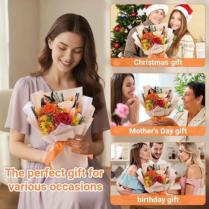Gnifot Preserved Flowers Bouquet, Flowers for Delivery,Handmade Orange Rose Bouquets Lasting 3-5 Years, Luxury Gift Box,Birthday Flowers Gifts for Women Mom Grandma Wife Friends
