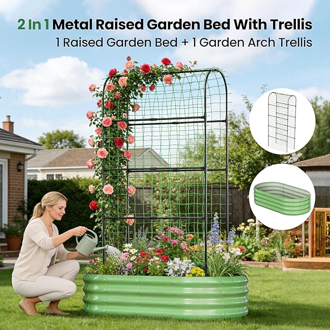 2 in 1 Galvanized Raised Garden Bed with 71" H Arch Trellis for Climbing Plants, Outdoor Gardening Planter Box with Climbing Net for Flowers Vegetables Fruits Herbs, Green