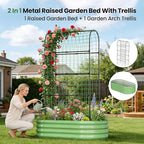 2 in 1 Galvanized Raised Garden Bed with 71" H Arch Trellis for Climbing Plants, Outdoor Gardening Planter Box with Climbing Net for Flowers Vegetables Fruits Herbs, Green