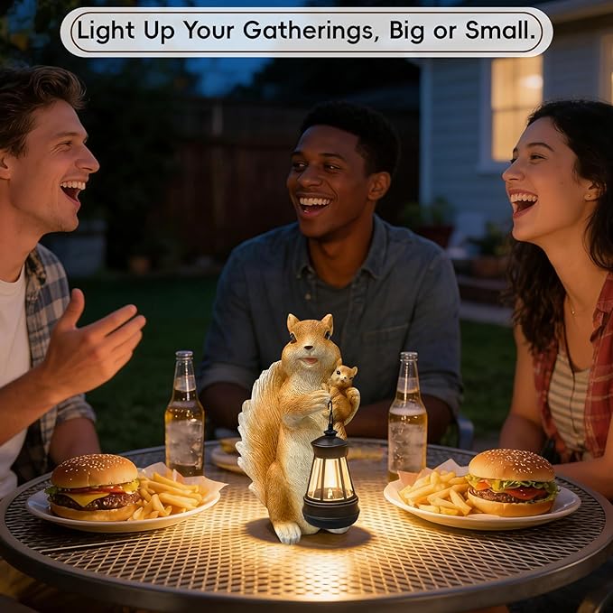 Solar Garden Statues, Cute Smiling Animal Outdoor Decor with 8 Bright LED Lights for Patio Yard Balcony Perfect Mother‘s Day Birthday Housewarming Garden Gift (Orange White Squirrel)