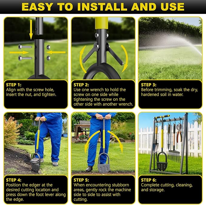 Half Moon Edger Lawn Tool with Double V-Shaped Saw-Tooth Blade & Rubber T-Grip, 40in Edging Shovel for Landscaping, Garden Edging Tool for Landscaping, Manual Lawn Edger Tools for Garden Maintenance