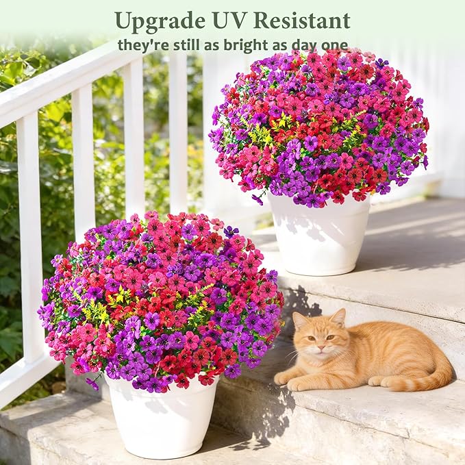 Artificial Flowers for Outdoors, 12 Bundles UV Resistant Fake Outdoor Flowers, Realistic Faux Outdoor Flowers for Decoration, Outside Fake Plants for Porch Garden Decor, Mixed Rose Red Purple