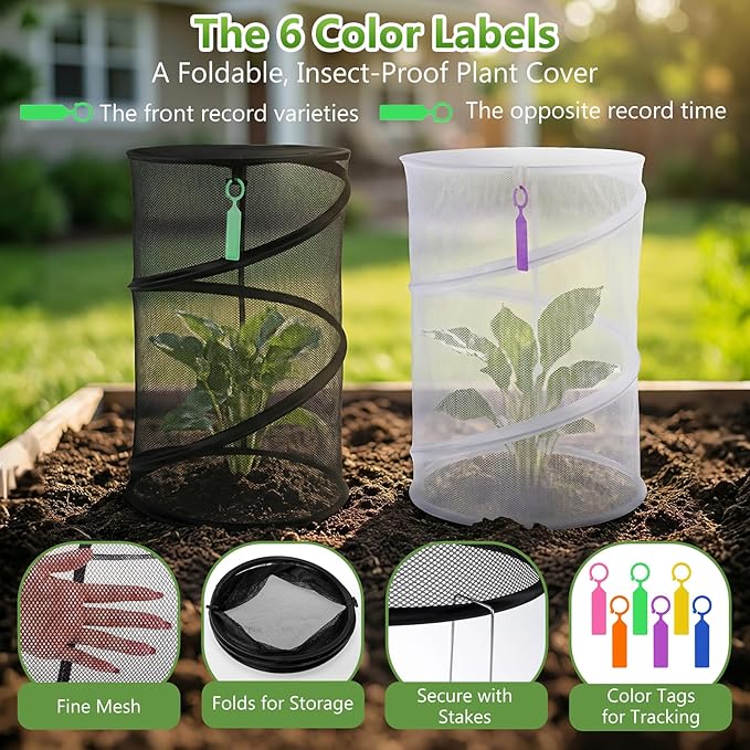 5 Pack Pop Up Insect Barrier Plant Cover, 20''H x 13''D Pop Up Fine Mesh Plant Protector with 24 Stakes 36 Labels Carry Bags, Pop Up Guard Plant Cover Tents for Vegetables Flowers, Black & White