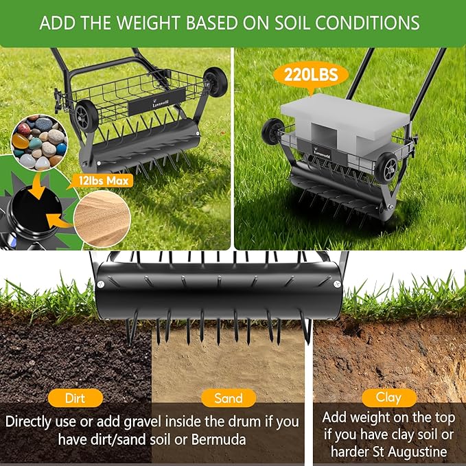 Lawn Aerator Tool, Heavy Duty Manual Lawn Aerators with Dual Weight Up to 100 lbs, Yard Aerator Lawn Tool with 39 Spikes, Grass Aerator for Lawn Care