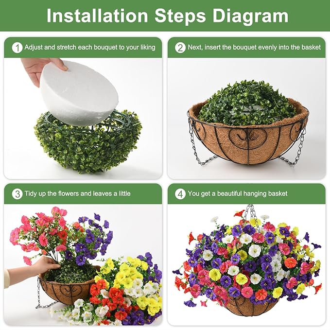 Homsunny Artificial Hanging Flowers Plants with Basket for Outdoors - Fake Petunias Flowers Fake Silk Morning Glory Planter for Outside Porch Patio Balcony Garden Spring Summer Decor(Color Blending)