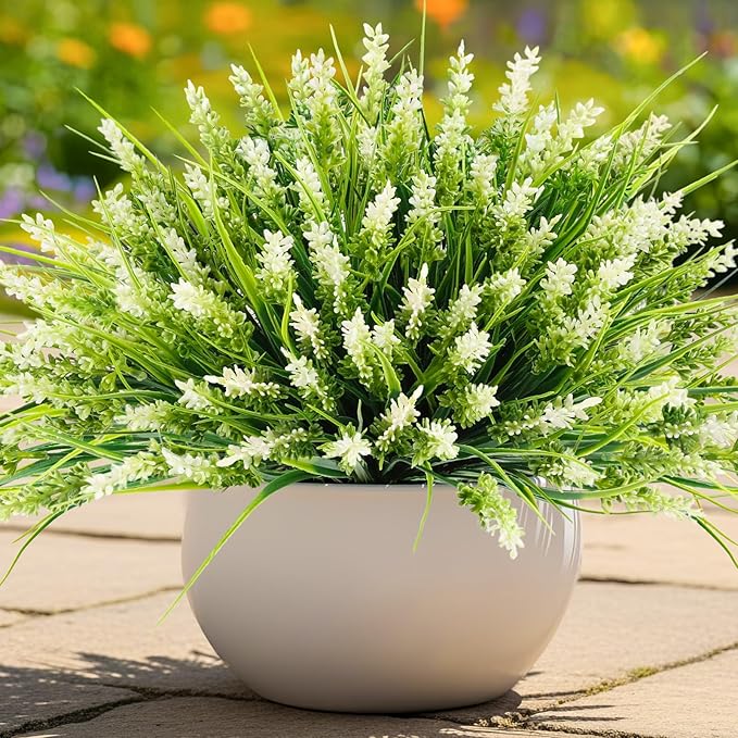 Artificial Plants for Outdoors, 10 Bundles Fake Monkey Grass with White Spring Flowers, Faux Plants Outdoor UV Resistant Realistic Greenery for Garden Window Patio Hanging Porch Home Decoration