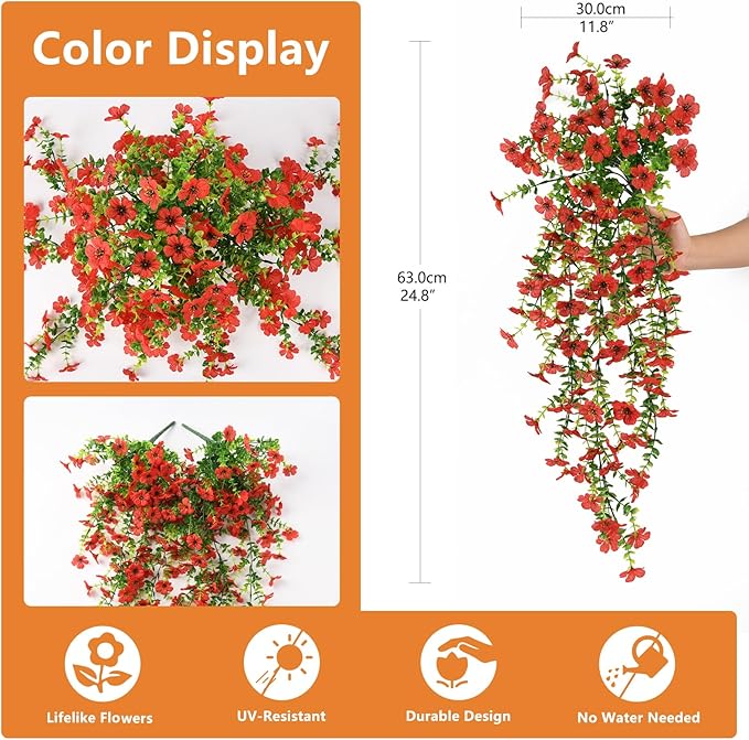 Fake Artificial Hanging Flowers for Outdoors, 2 Pcs Fake Hanging Plant Spring Summer Decor, UV Resistant No Fade Faux Silk Daisy Flower for Front Door Porch Planter Patio Yard Garden(Red)