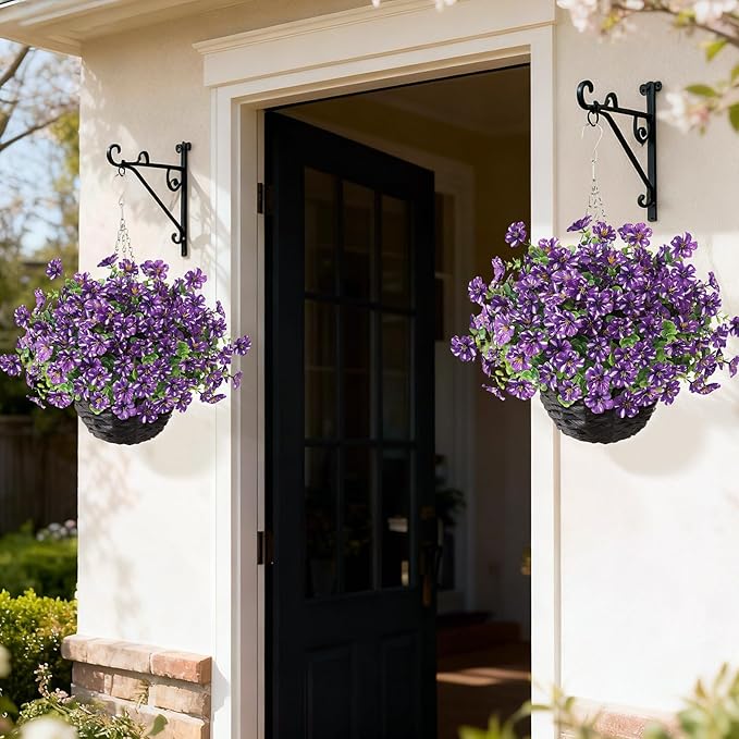 GLIDLION Artificial Flower & Eucalyptus with Hanging Basket - 2PCS Faux UV Sun Resistant Morning Glory in Planter, Fake Colorful Silk Flowers for Spring Summer Porch Patio Balcony Yard Decor (Purple)