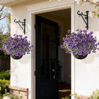 GLIDLION Artificial Flower & Eucalyptus with Hanging Basket - 2PCS Faux UV Sun Resistant Morning Glory in Planter, Fake Colorful Silk Flowers for Spring Summer Porch Patio Balcony Yard Decor (Purple)