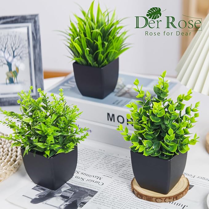 Der Rose 4 Packs Fake Plants Small Artificial Mini Faux Plants for Bathroom Home Office Shelf Black Decor Indoor