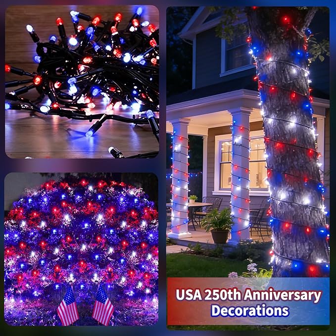 2 Pack 480 LED Solar String Lights for Outside, 170 FT Solar Powered Outdoor Waterproof Twinkle Lights, Solar Tree Light for 4th of July Indenpance Day USA 250th Anniversary Decor (Red White and Blue)