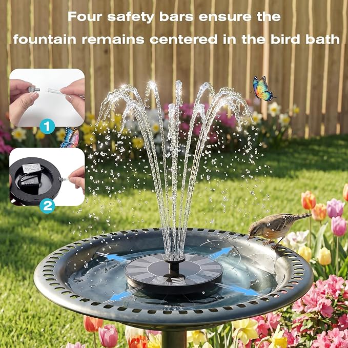 AMZtime 1.4W Solar Bird Bath Fountain with 4 Fixed Rods, Solar Fountain Pump with Upgraded Solar Panels, Solar Powered Floating Water Fountain Pump for Bird Bath, Ponds, Garden, Fish Tank and Outdoor