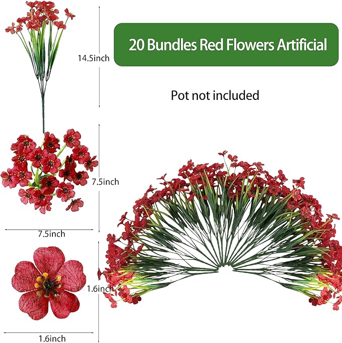 20 Bundles Artificial Flowers for Outdoors, UV Resistant Fake Flowers with Plastic Plants, Faux Silk Flowers for Planter outdoors, Fake realistic flowers For Window Box Front Porch Patio Decor-Red