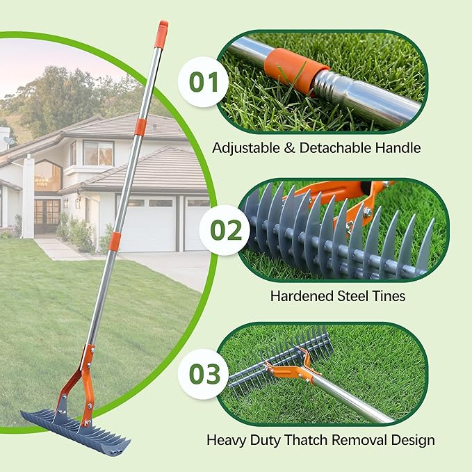 Thatch Rake – 74-Inch Heavy Duty Metal Rake with Hardened Steel Tines for Efficient Lawn Thatch and Dead Grass Removal, Detachable Handle Manual Dethatcher Rake for Yard and Landscape Maintenance