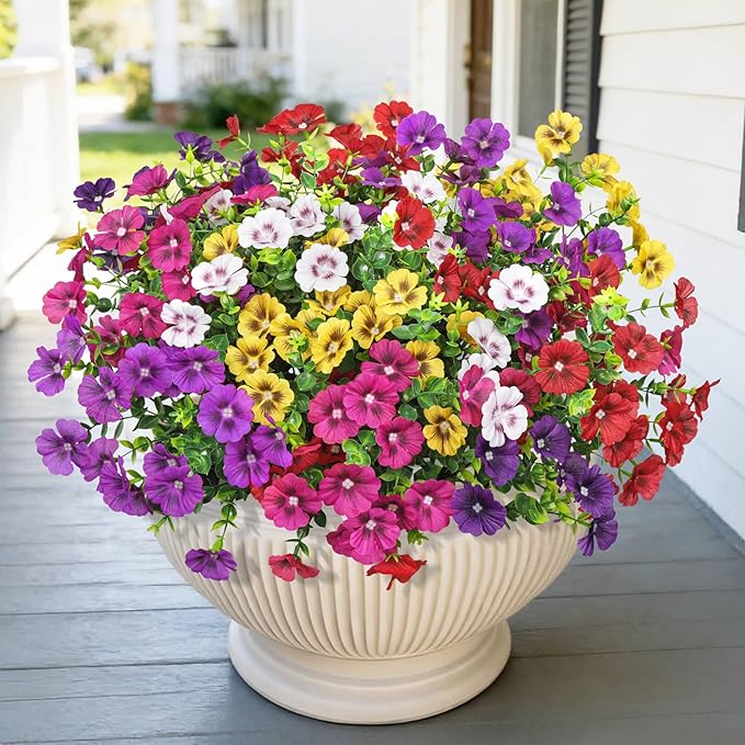 24 Bundles Artificial Flowers for Outdoors Fake Silk Flowers UV Resistant Faux Plants Eucalyptus for Spring Summer Decoration Planters Table Vase Garden Yard Porch Window Home, Multicolor