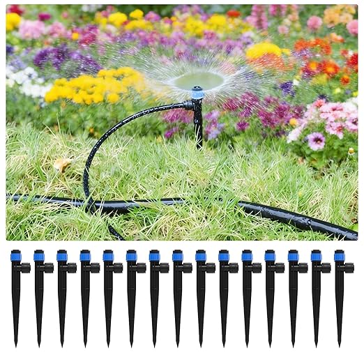1/4 Inch Adjustable Drip Irrigation Emitters, Push-in 360° Drip Emitters for 1/4" Tubing, Adjustable Flow Watering Drippers for Garden & Greenhouse, 18 Pack