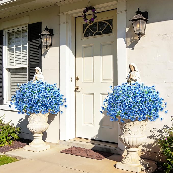 Roberly 24 Bundles Artificial Flowers for Outdoors UV Resistant Silk Fake Flowers Faux Plastic Plants for Porch Garden Window Box Indoor Outdoor Spring Summer Home Farmhouse Decor, Blue