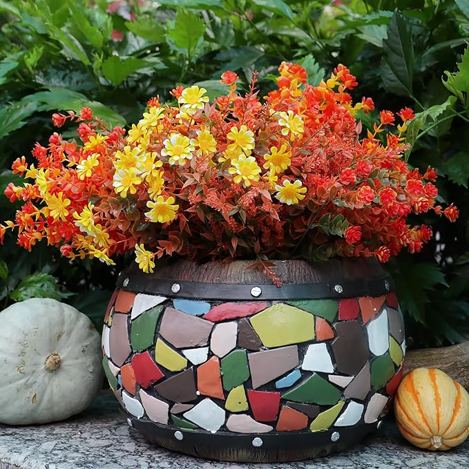 16 Bundles Artificial Fall Mums Flowers Plants Outdoors, Faux Plastic Shrubs Fake Greenery UV Resistant for Garden Patio Decor Window Box Office Hanging Planter Pathway Front Porch (Orange Mixed)