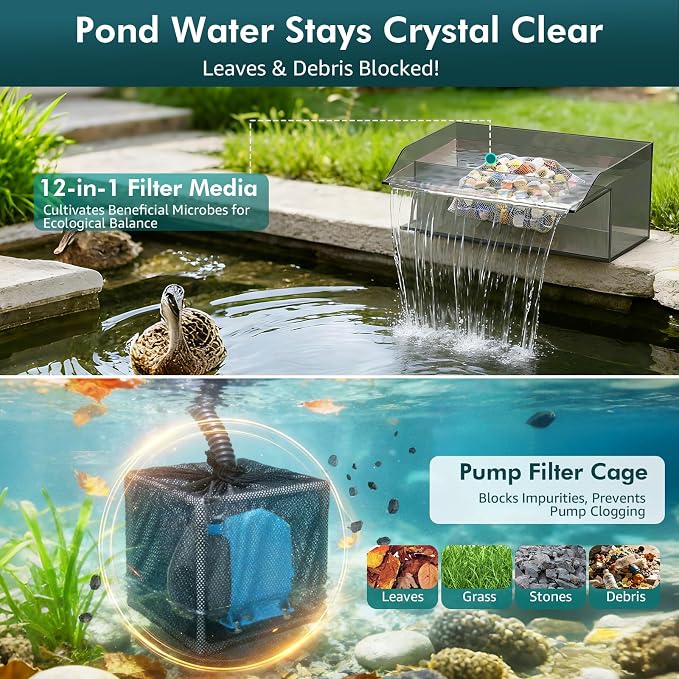 Pond Waterfall Spillway Kit, 12" Pond Waterfall Filter with 660GPH Waterfall Pump & Filter Cage, 10 Ft Corrugated Tubing for Outdoor Garden Ponds, Backyard Water Features